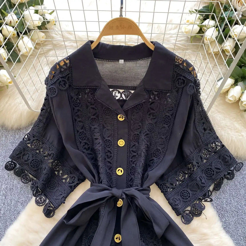 Abiti midi scavati di lusso Camicia da donna Vacanza estiva Elegante bottone monopetto Cintura in pizzo Ricamo Vestido lungo da festa
