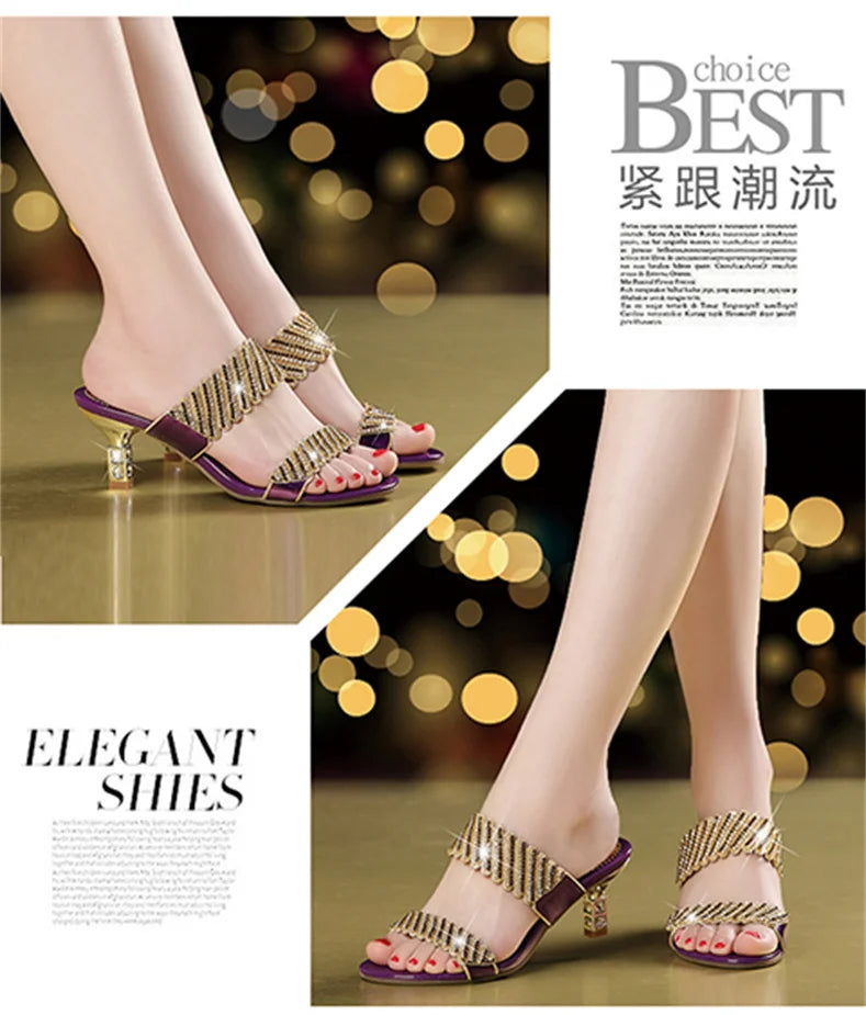 2024 nuove donne estate moda Comfort sandali eleganti oro una parola diamante tacco a spillo sandali con strass tacco medio