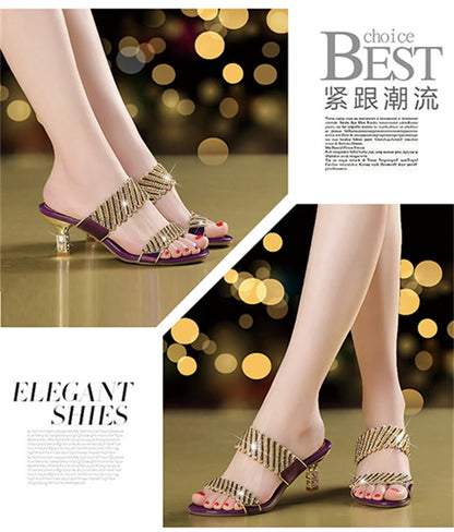 2024 nuove donne estate moda Comfort sandali eleganti oro una parola diamante tacco a spillo sandali con strass tacco medio