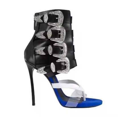 Sandales d'été à talons hauts pour femme, sandales à talons hauts pour femme avec bout pointu, décoration en métal, bride à boucle en PVC, tongs, chaussures sexy à talons hauts pour femme