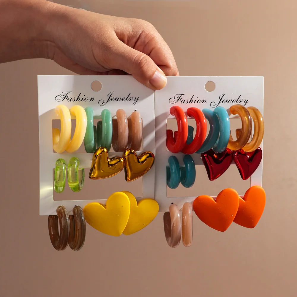 Boucles d'oreilles géométriques en acrylique pour femmes, 7 paires, colorées, cercles en résine, clous d'oreilles en forme de cœur, ensemble de bijoux, cadeaux d'anniversaire