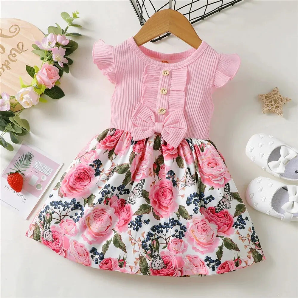 1-5 anni Toddler Girl Dress Fly Sleeve Flowers A- Line Princess Dress bambini Summer Lovely Daily Holiday Dresses for Kids Gir
