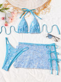 Costume da bagno a 3 pezzi con gonna in rete rosa con paillettes, reggiseno push-up e perizoma, stile brasiliano, per donna, ideale per le vacanze.