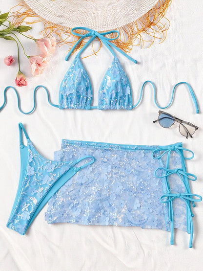 Costume da bagno a 3 pezzi con gonna in rete rosa con paillettes, reggiseno push-up e perizoma, stile brasiliano, per donna, ideale per le vacanze.