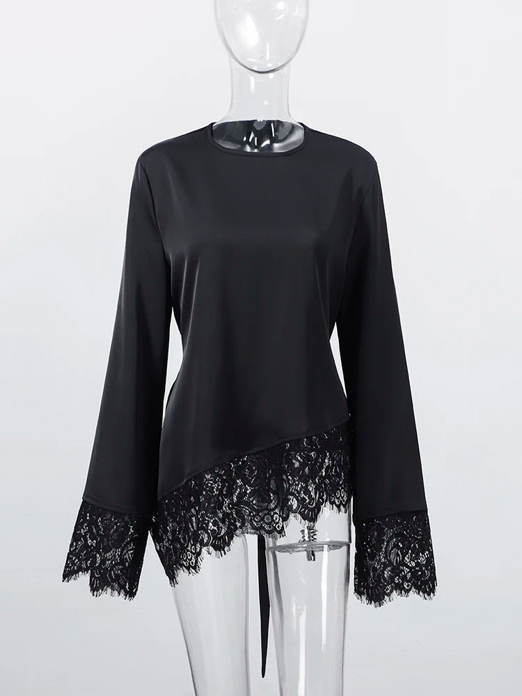 Top Casual con Inserti in Pizzo e Lacci, Pullover da Donna Slim con Cintura in Vita e Collo Tondo, Nuova Collezione Primavera 2026