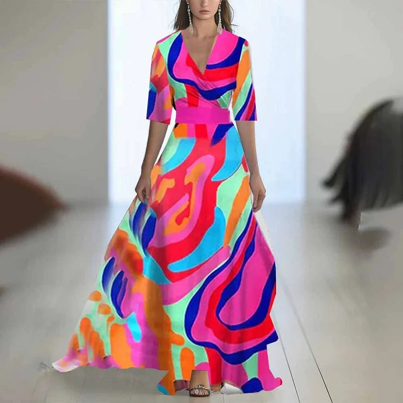Abito bohémien patchwork con stampa floreale alla moda Donna Abiti lunghi sexy con scollo a V profondo Abiti lunghi larghi con maniche a sbuffo della nuova primavera
