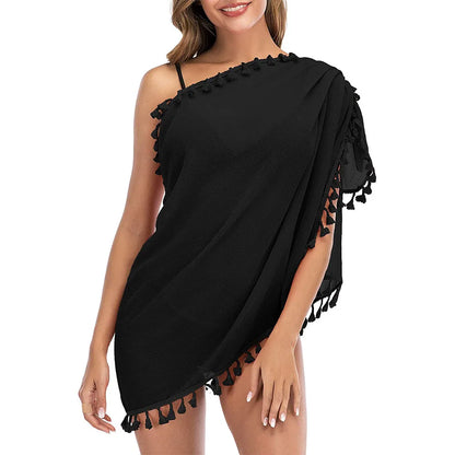 Copricostume da bagno per donna Sarong Beach Bikini Wrap Sheer gonna corta sciarpa per costumi da bagno con nappa