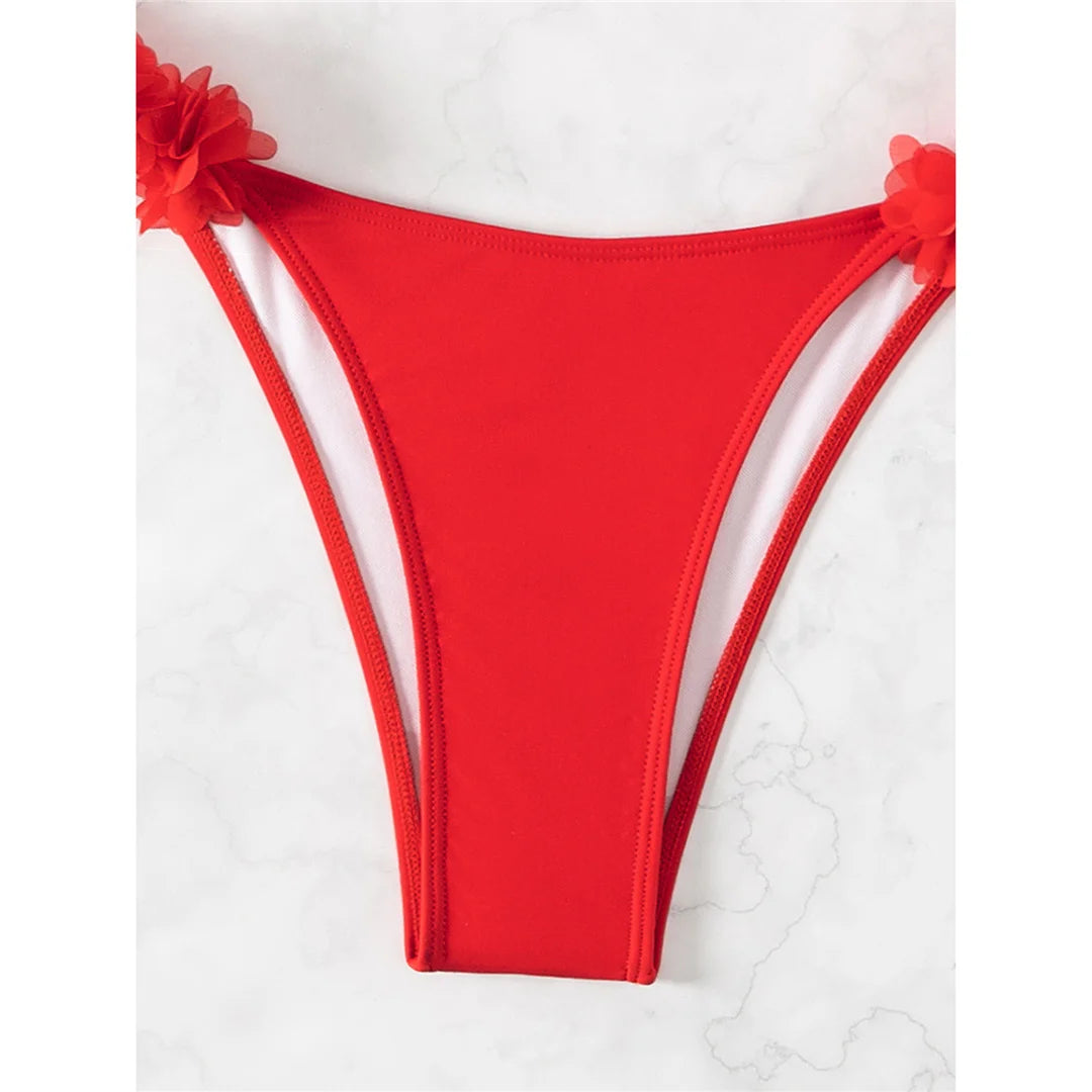 XS - L Fiori 3D Bikini a fascia taglio alto Costumi da bagno donna Costume da bagno femminile Bikini a due pezzi Costume da bagno bagnante Costume da bagno V5961
