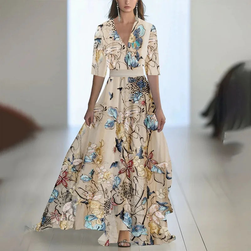 Abito bohémien patchwork con stampa floreale alla moda Donna Abiti lunghi sexy con scollo a V profondo Abiti lunghi larghi con maniche a sbuffo della nuova primavera