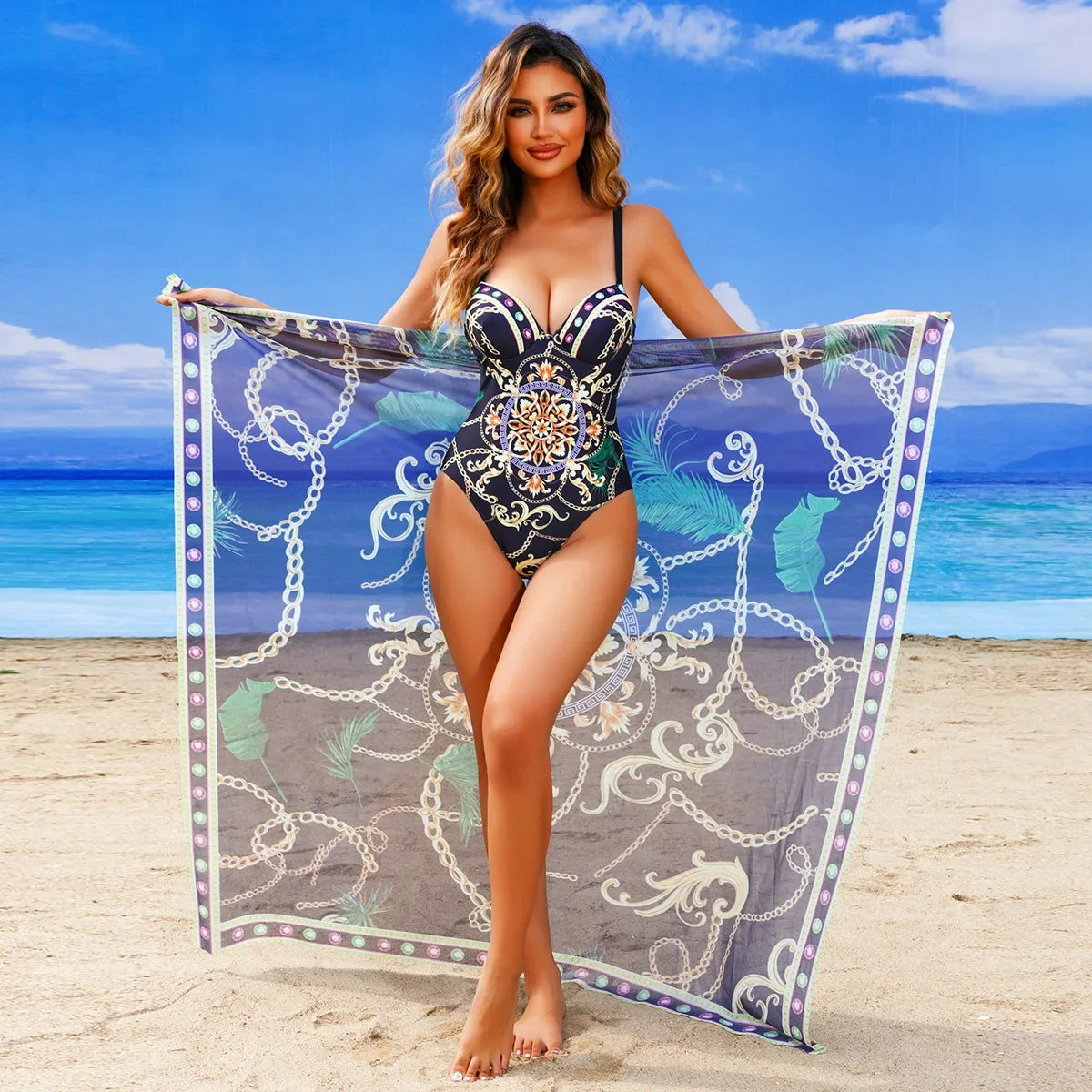 2025 New Underwire Women Sexy Swimsuit 2 Pieces Swimwear Slim Monokini Chains Print Push Up Bikinis Black Blue Green Beachwear