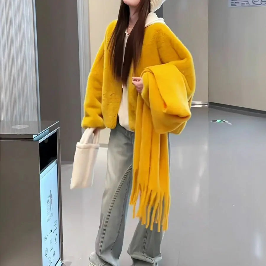 Cappotto corto da donna con scollo a V, pelliccia di visone finta, elegante cappotto autunno inverno