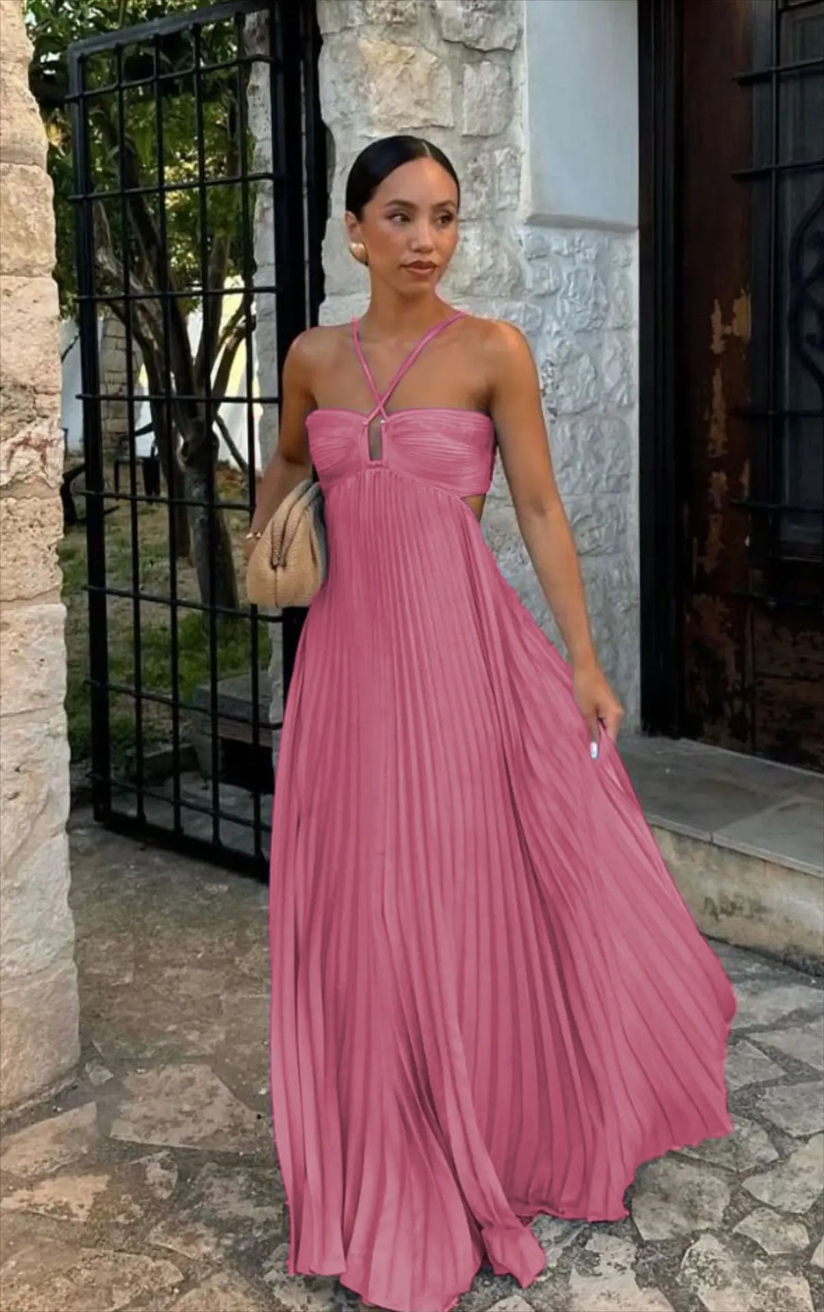 Abito Lungo Estivo da Donna con Scollo all'Americana e Pieghe, Senza Schienale, Senza Maniche, Blu, per Vacanze al Mare, Moda Femminile 2026, Vestito a Trapezio