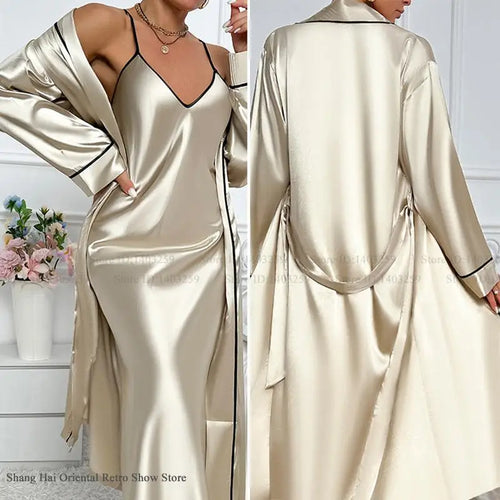 Set di vestaglia lunga sexy Twinset Chemise Camicia da notte da donna Indumenti da notte Estate Raso di seta Abito da casa Indumenti da notte Allentati Abbigliamento da salotto Lingerie