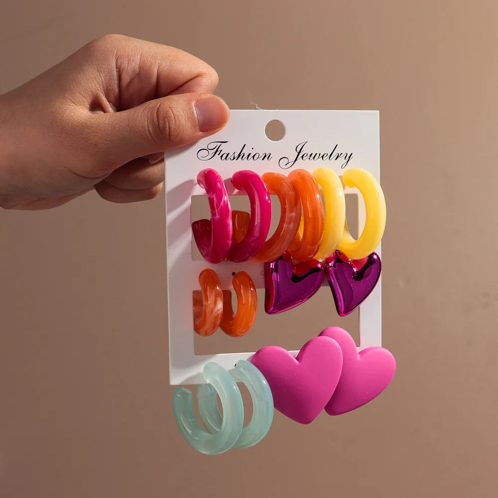 Boucles d'oreilles géométriques en acrylique pour femmes, 7 paires, colorées, cercles en résine, clous d'oreilles en forme de cœur, ensemble de bijoux, cadeaux d'anniversaire