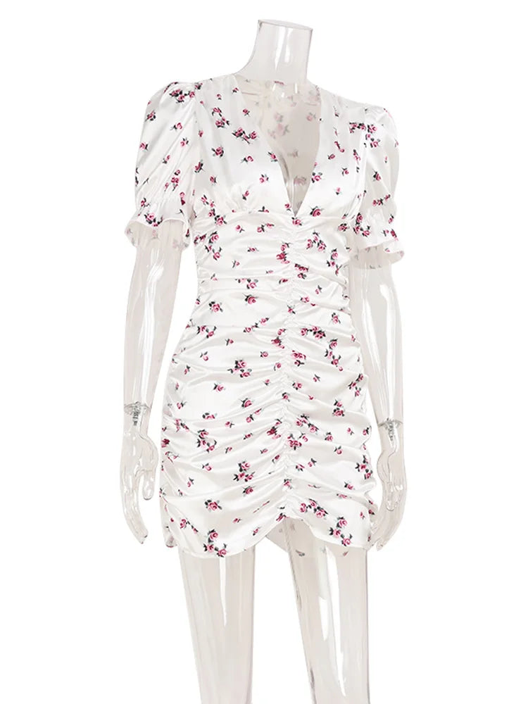 Ahagaga Mini abiti eleganti da donna Maniche corte a sbuffo Profondo scollo a V Stampa Guaina a pieghe Aderente Abiti casual floreali sexy