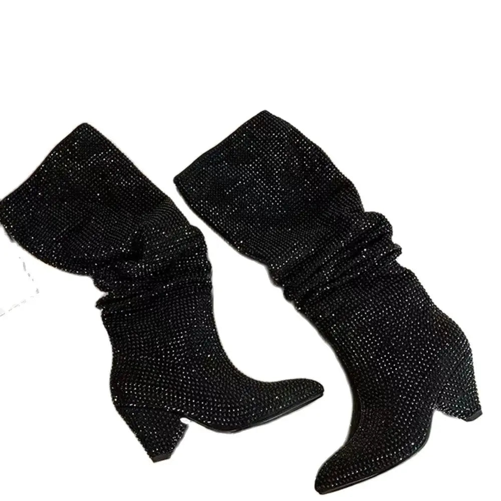 Pointed Toe Rhinestone Bling Long Boots 2024 New Casual Catwalk Thick Heel Boots Black/silver Fashion Women Knee-High Boots