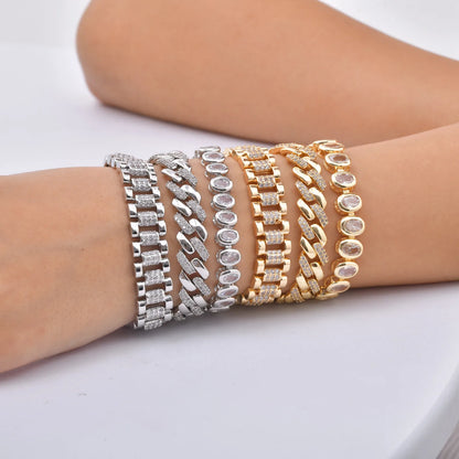 Bracciale a catena con graffetta Cinturino per orologio con zirconi placcati in oro 14 carati Collegamento grosso Gioielli impilabili regolabili per regalo per ragazza da donna