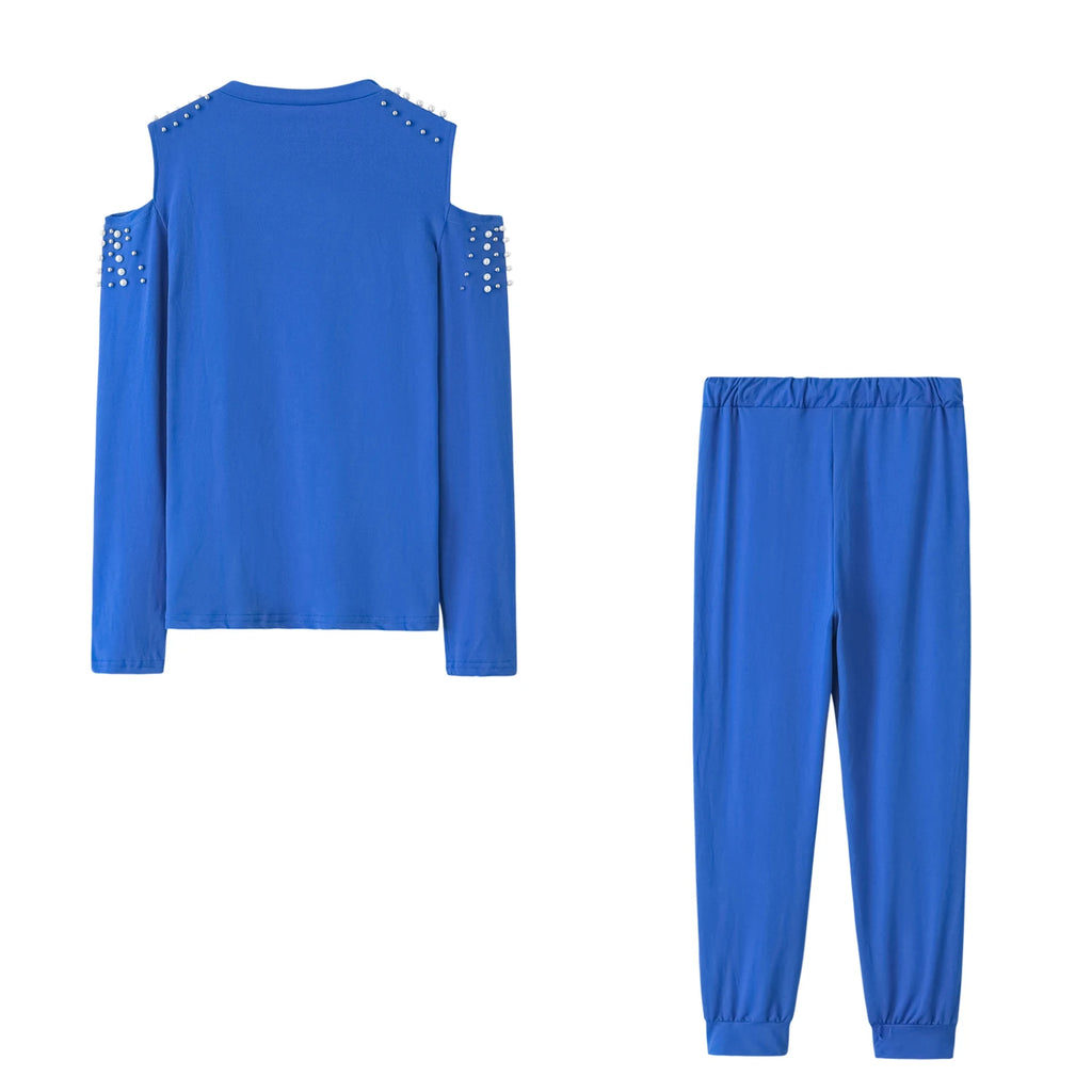 Set da 2 pezzi da donna, collezione Europa 2026, top sexy con perline e colletto rotondo in tinta unita + pantaloni sportivi lunghi, abiti autunnali, dropshipping ZXP9596