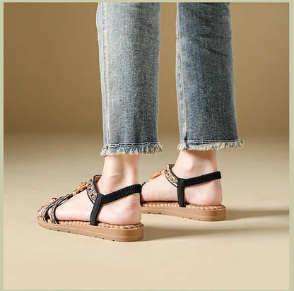 Elegante Damen-Sommersandale im Bohemian-Stil, rutschfest, bequem, für Alltag, Urlaub, flache Strandschuhe