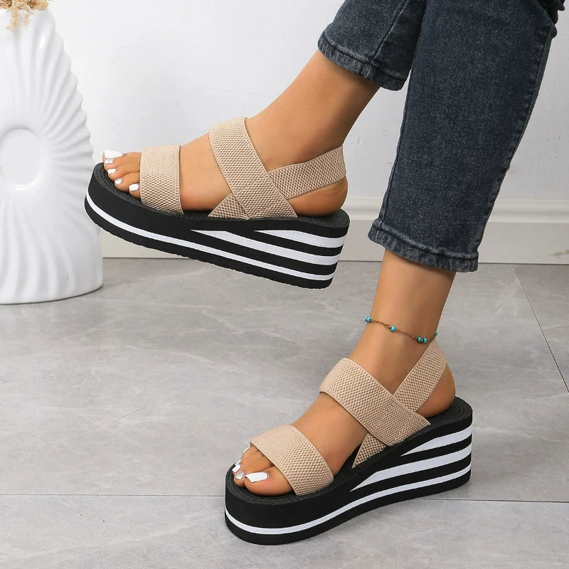 Damen-Sommersandalen, Keilsandalen, lässige Plateau-Sandalen, Knöchelriemen-Sandalen, leichte Damenschuhe in Unifarben