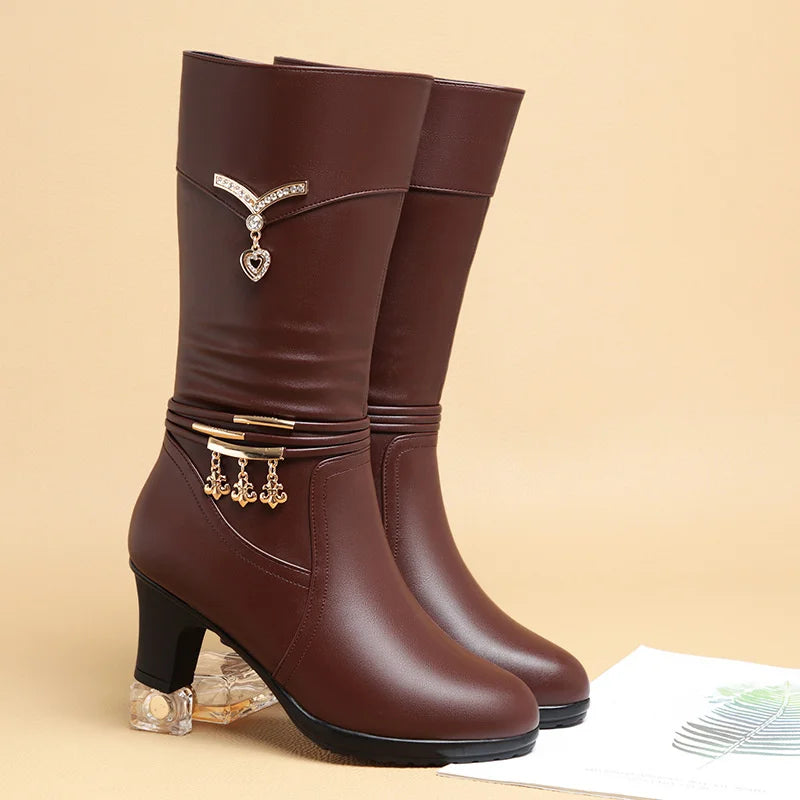 Women Comfortable Fleece Medium Boots Autumn Winter New Style Thick Heel Side Zipper Pointed Fashion High Heels Boots