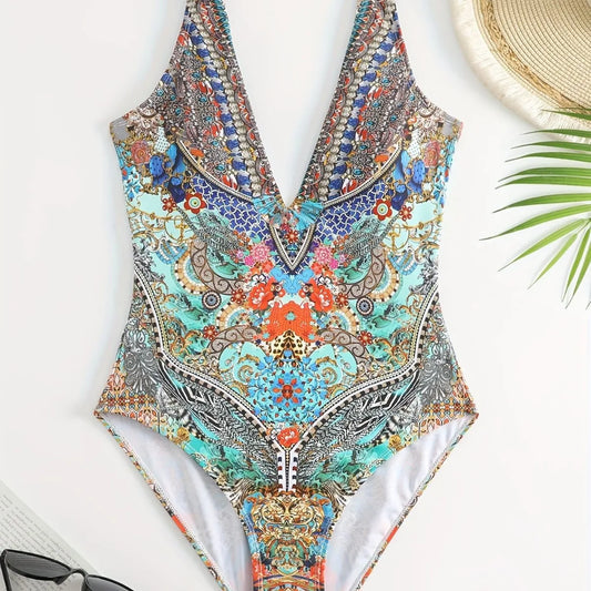 Sexy Print V-Neck One-Piece Bikini Swimwear Thermal Spring Vacation Women's Fashionable Trendy Swimsuit with Strap