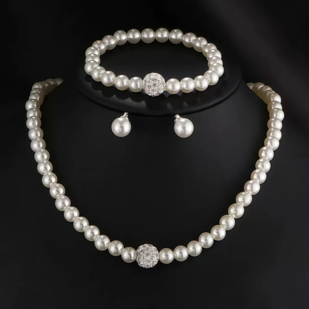 3 pezzi di perle finte palla di fuoco collana braccialetto orecchino set di gioielli con perno colore argento pietra di cristallo elegante regalo di gioielli da sposa