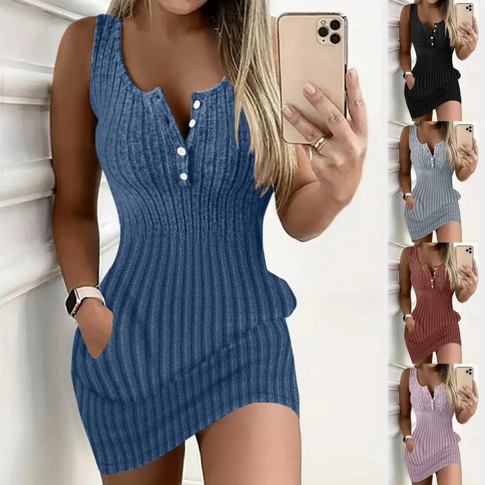 Vestito aderente da donna 2024 Moda estiva Sexy Nuovo colore solido Pit Strip Slim senza maniche Canotta Mini abiti in maglia per le donne