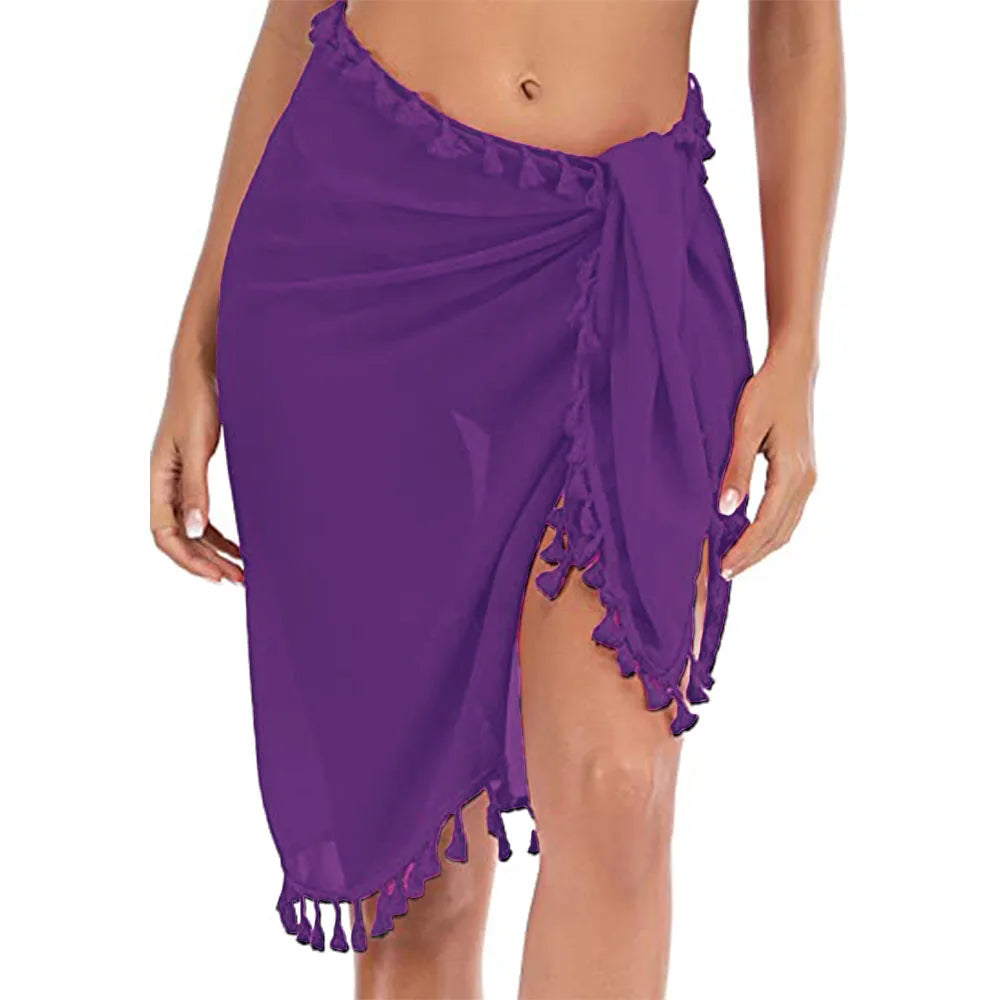 Copricostume da bagno per donna Sarong Beach Bikini Wrap Sheer gonna corta sciarpa per costumi da bagno con nappa