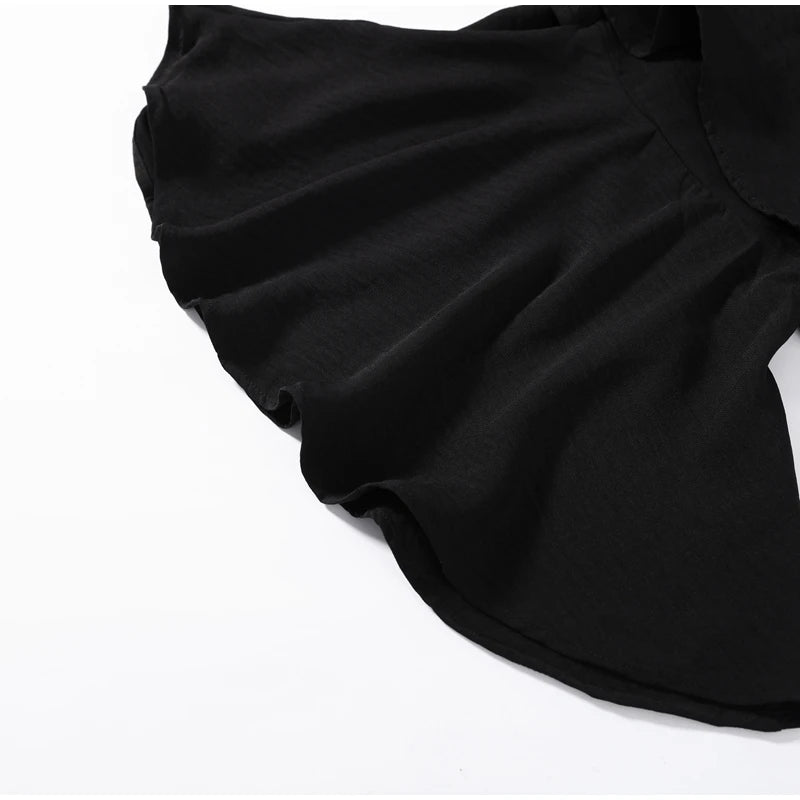 Eleganti Pantaloni a Zampa da Donna con Volant a Cascata in Chiffon a Vita Alta, Neri, Estivi 2026, Versatili, Nuovi