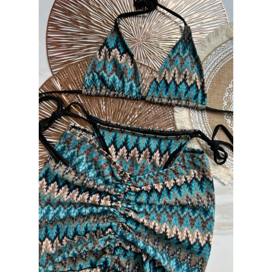 Costume da bagno estivo da donna nuovo, bikini lavorato a maglia in 3 pezzi con costumi da bagno con copertura avvolgente e scollo all'americana per le vacanze al mare