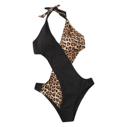 Sexy Leopard Print Color Block One Piece Swimsuit Women's Strap Backless Bodysuit Cross-Border Shipping Available