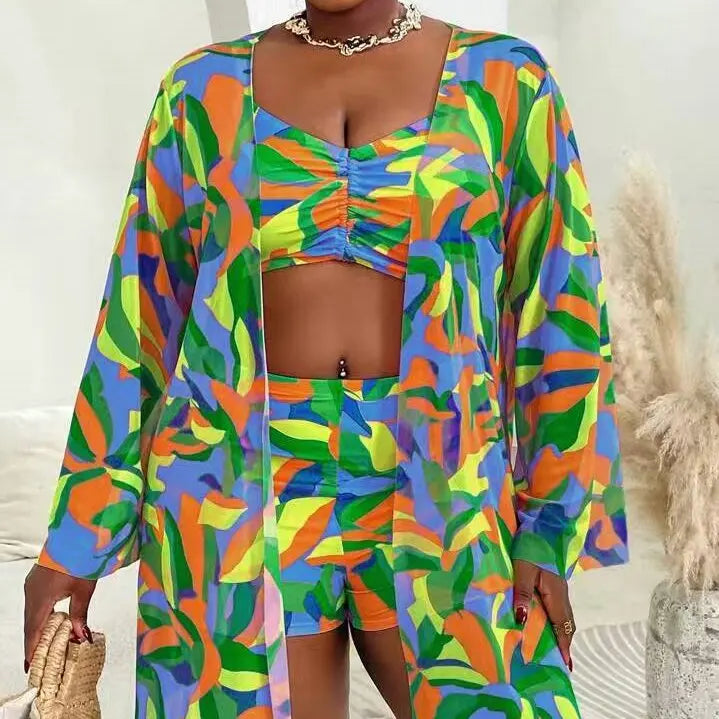 L-4XL Plus Size Set da 3 pezzi Bikini Cover Up Costume da bagno push up da donna Estate Mujer Costumi da bagno con controllo della pancia Set bikini oversize