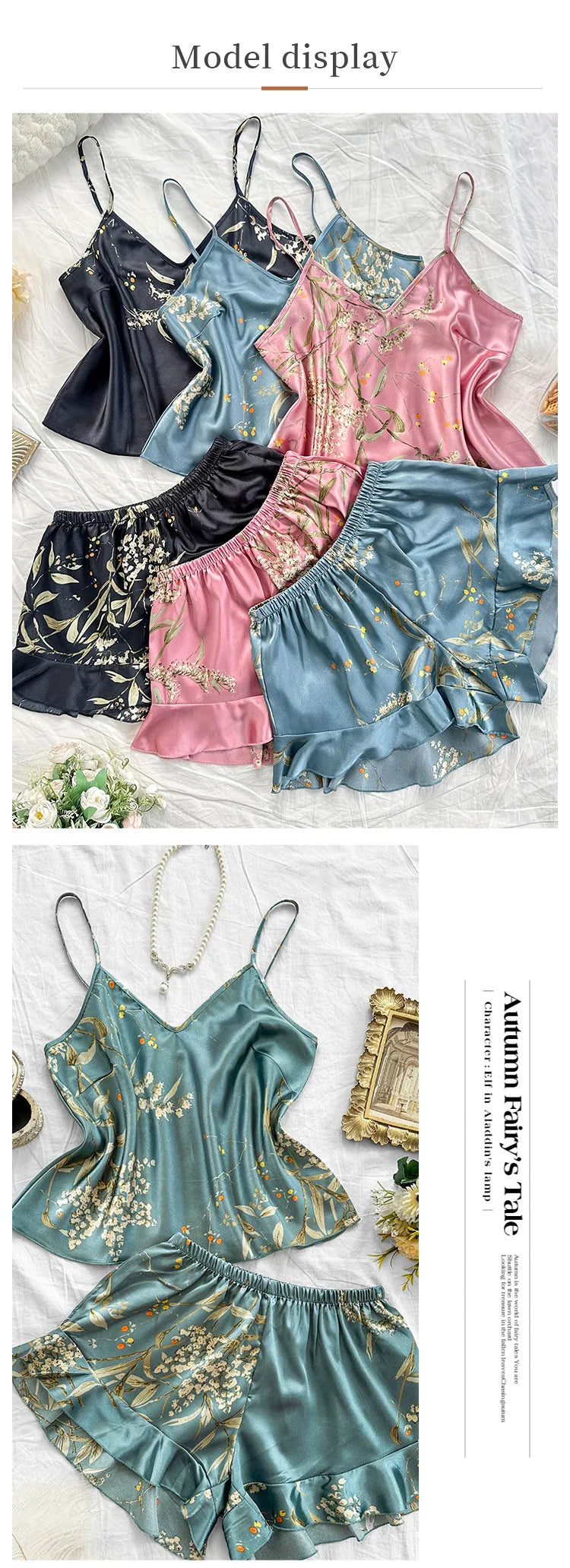 Plus Size 3XL 4XL 5XL Pigiama 2 pezzi Set cinturino sexy Top e pantaloncini Pigiama Completo Lingerie Estate Indumenti da notte in raso Stampa fiore Homewear