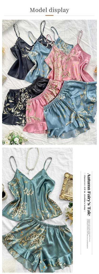 Plus Size 3XL 4XL 5XL Pigiama 2 pezzi Set cinturino sexy Top e pantaloncini Pigiama Completo Lingerie Estate Indumenti da notte in raso Stampa fiore Homewear