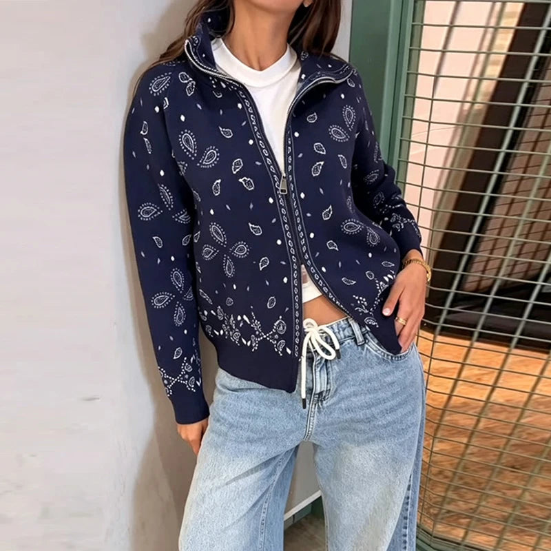 Street Knit Jacquard Colletto alla coreana Cardigan Cerniera Manica intera Maglione grigio femminile 2026 Primavera Lady Fashion Maglieria accogliente Nuovo