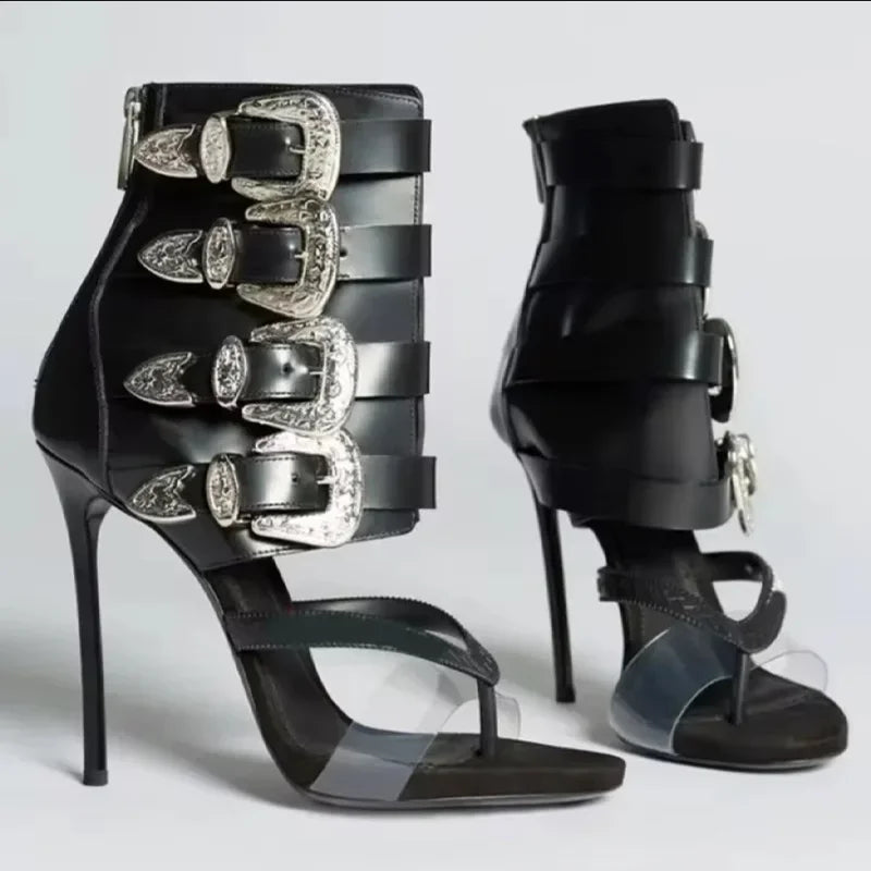 Sandales d'été à talons hauts pour femme, sandales à talons hauts pour femme avec bout pointu, décoration en métal, bride à boucle en PVC, tongs, chaussures sexy à talons hauts pour femme