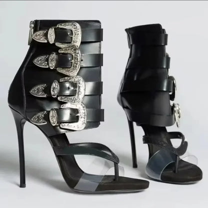 Sandales d'été à talons hauts pour femme, sandales à talons hauts pour femme avec bout pointu, décoration en métal, bride à boucle en PVC, tongs, chaussures sexy à talons hauts pour femme