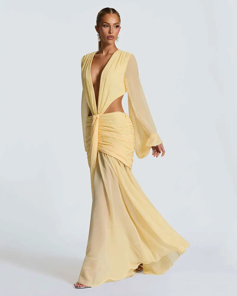 GACVGA Abito lungo elegante in chiffon per donna Nuovi abiti con maniche a lanterna Abiti lunghi aderenti da club sexy pieghettati