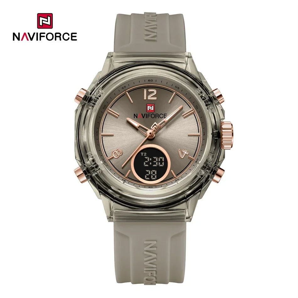 NAVIFORCE Orologio da donna di lusso Orologio sportivo all'aria aperta in oro Orologi impermeabili Doppio display dell'ora Orologi da polso al quarzo Orologio digitale in gomma