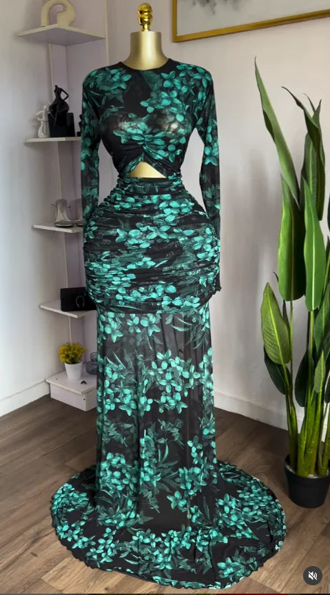 GLCMYAYA 2025 Autunno Donna O-Collo Manica lunga Stampa Sirena Maxi abito 2025 Sera Compleanno Spiaggia Sexy Night Party Abiti lunghi