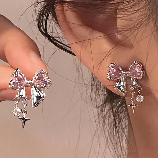 Nuovi orecchini a bottone con zirconi Bowknot Y2K per le donne Moda coreana argento colore cristallo rosa orecchini di personalità regali di gioielli per feste
