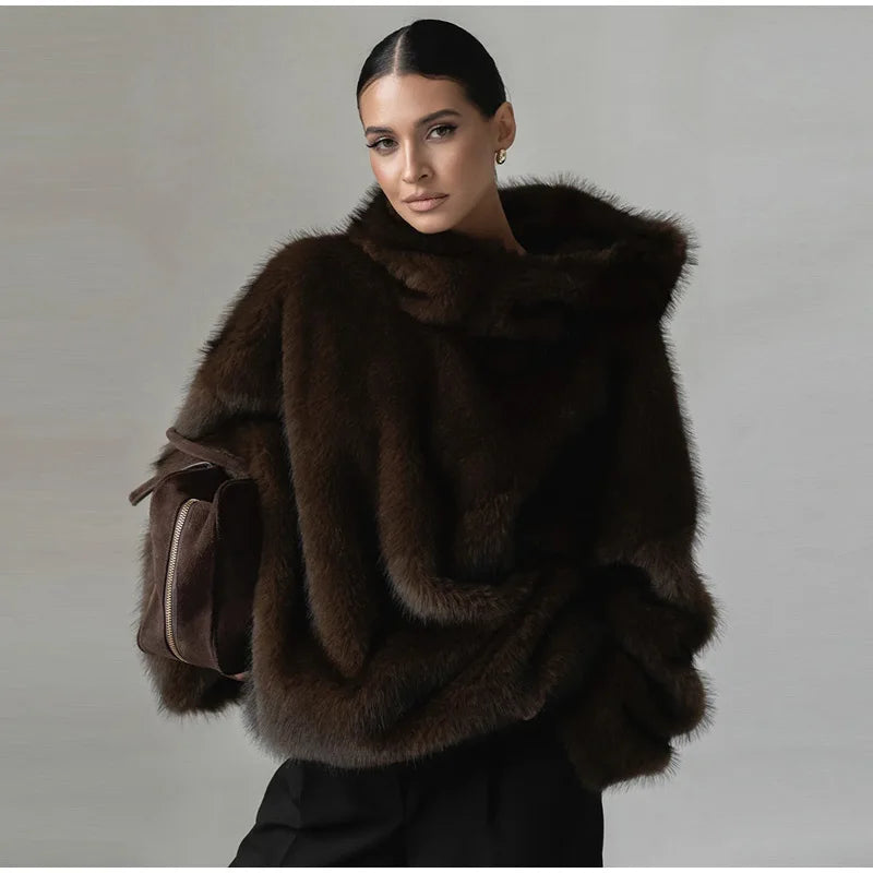 Cappotto da donna in pelliccia sintetica marrone con cappuccio Giacca da tasca a maniche lunghe di lusso oversize Lady 2025 Autunno Inverno Chic Street Capispalla