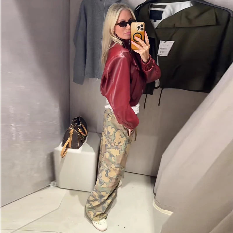 Pantaloni da donna con stampa mimetica, vita con coulisse, gamba larga, taglio ampio, orlo con coulisse, vestibilità comoda, pantaloni casual, streetwear, nuova moda 2026