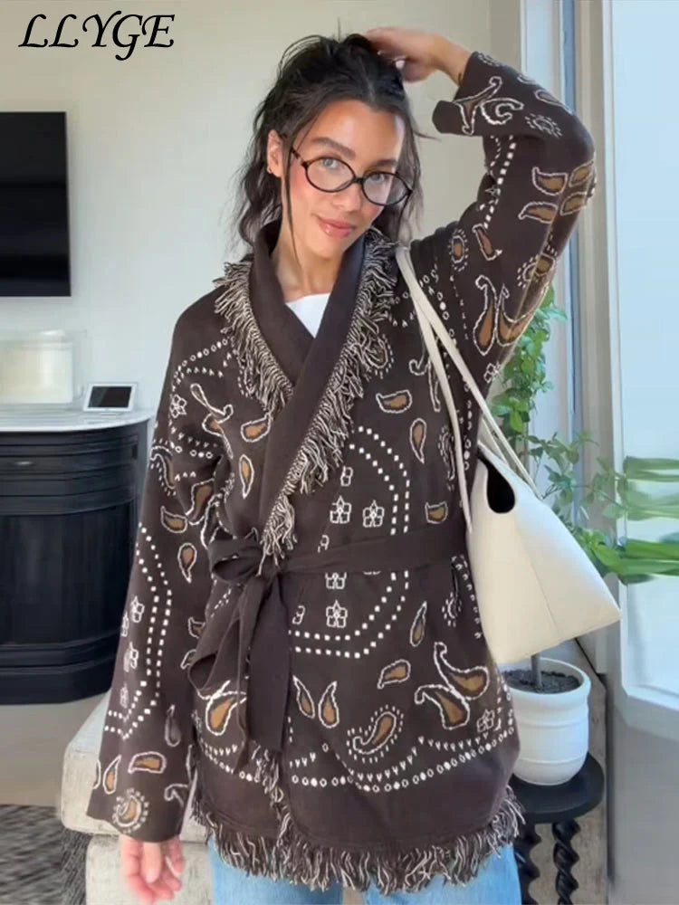 Elegante Cardigan da Donna in Maglia Jacquard con Nappe, Cintura e Scollo a V, Maniche Lunghe, Maglione Autunno 2026, Stile Vintage Chic
