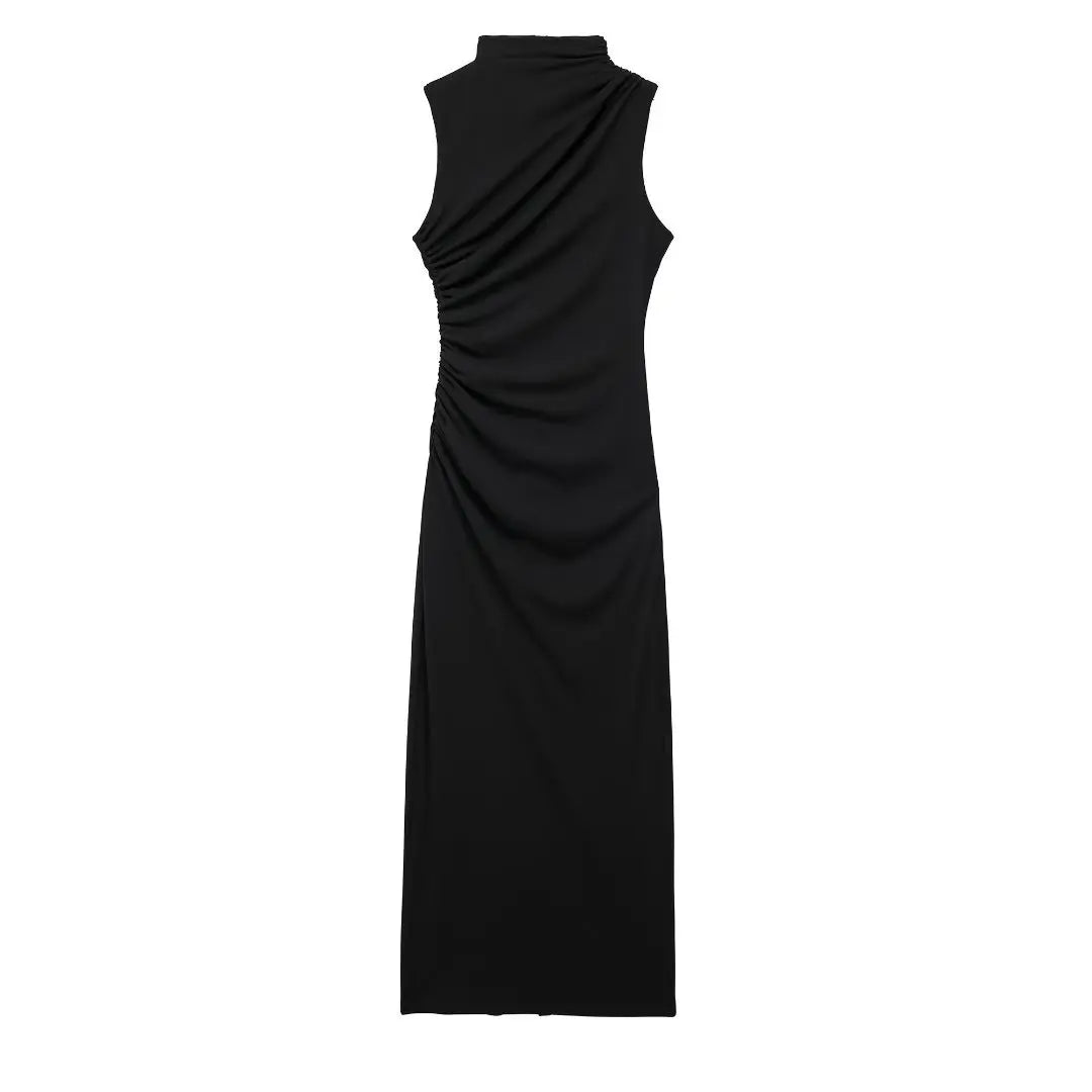 Abito da donna solido pieghettato O collo Slim Hip Package abiti lunghi da donna 2024 moda senza maniche Summer Evening Party abito femminile