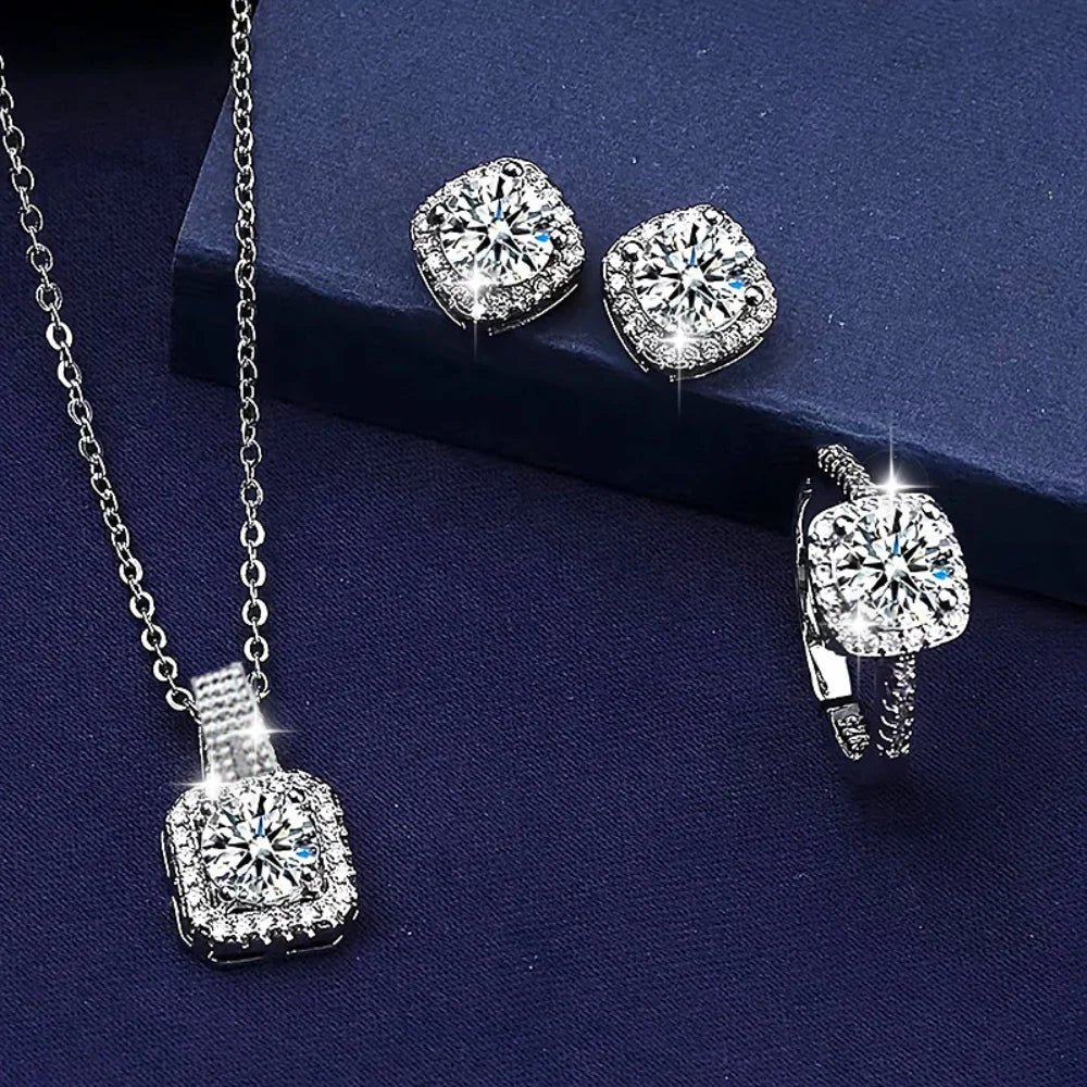 Ensemble 3 pièces de bijoux de luxe brillants géométriques carrés en zircon, collier, boucles d'oreilles et bagues pour femme, parure de bijoux tendance, cadeau d'anniversaire