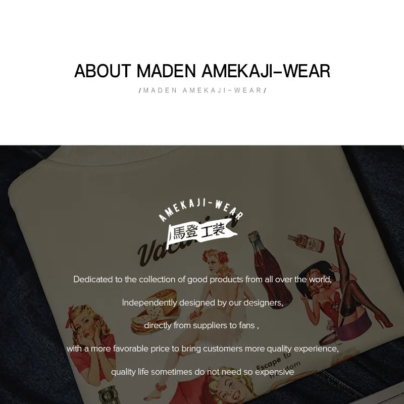 Maden T-shirt a maniche lunghe con stampa sul retro vintage Pullover ampio casual girocollo per top street-style da uomo primavera e autunno anni '60