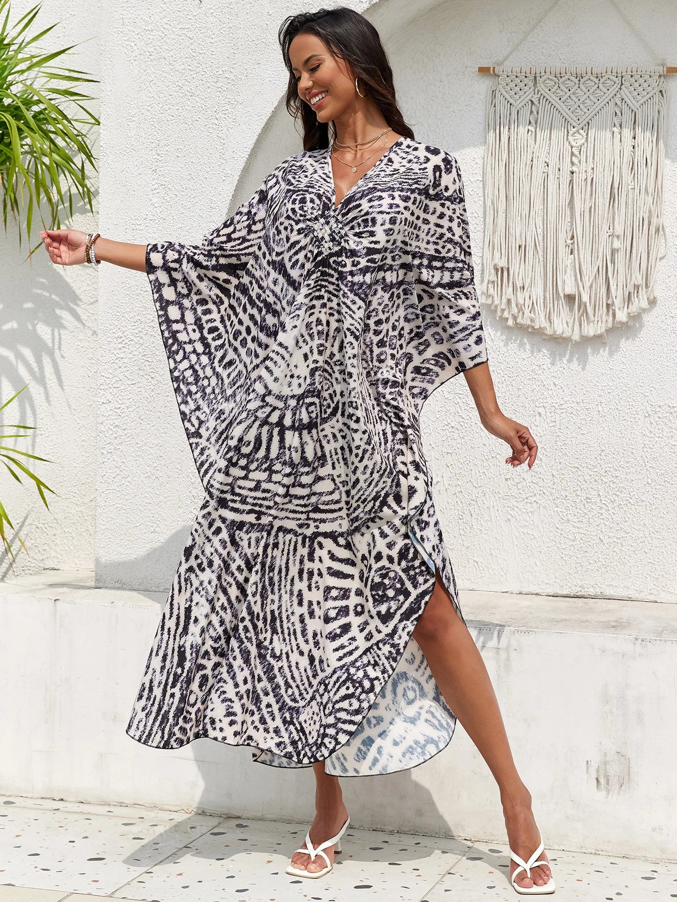 Abiti caftano da donna con stampa floreale taglie forti Costume da bagno taglie forti Copricostume estivo Abito da spiaggia caftano loungewear
