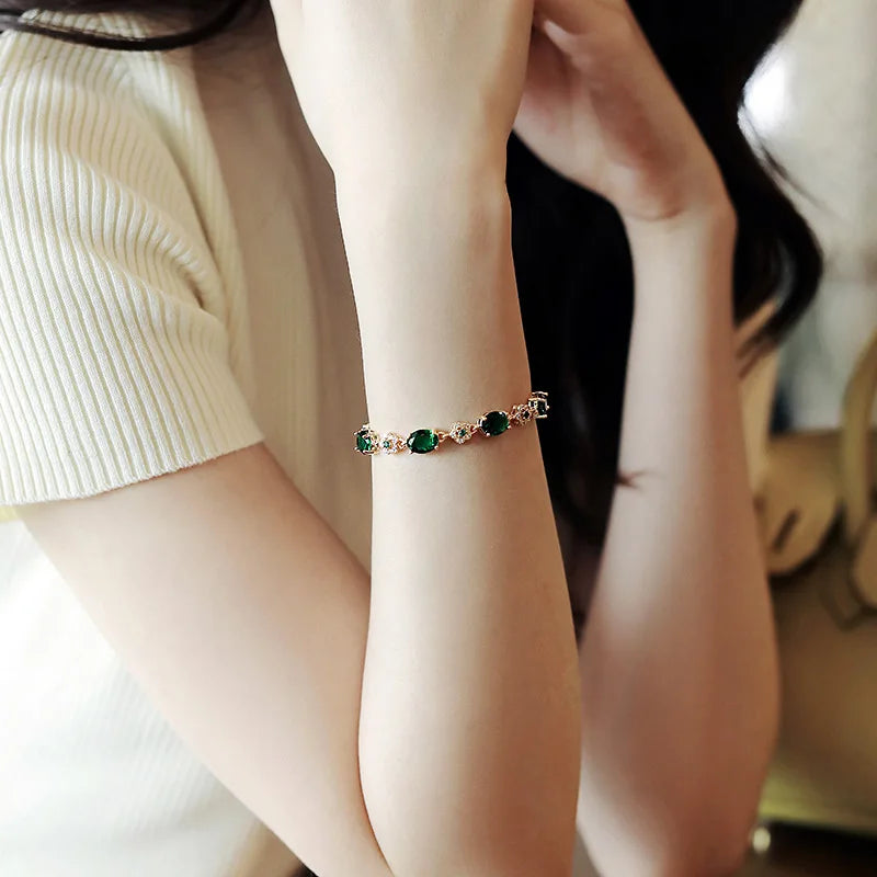 ZAKOL Bracciale di lusso con zirconi di cristallo verde Braccialetti con catena a maglie color oro per le donne Regalo di gioielli da sposa vintage per feste